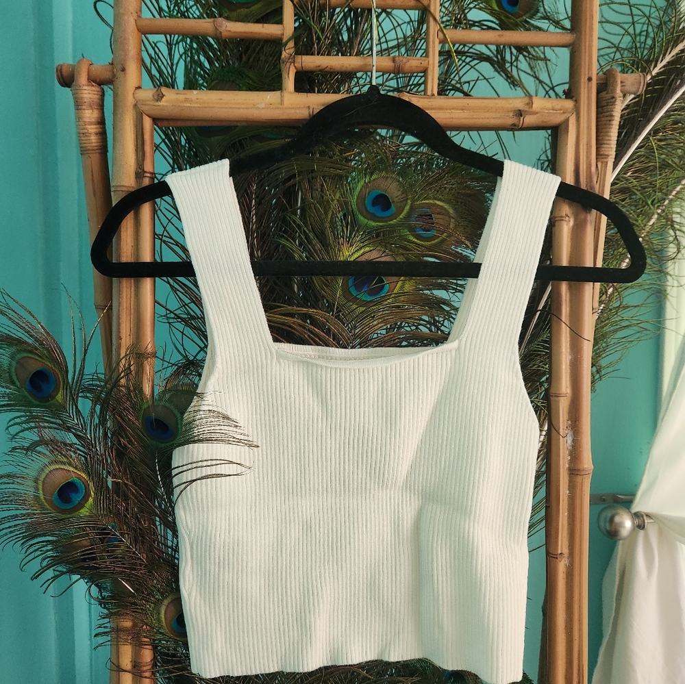 Off-White Ribbed Shein Crop Tank Top